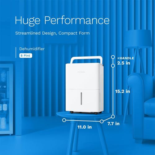 WHITE hOmeLabs 1,000 Sq. Ft Portable Dehumidifier - Ideal for Home Bedroom, Bathroom, Office and Small Sized Rooms - Ultra Quiet, Compact with Drain Hose Included - 8 pint
