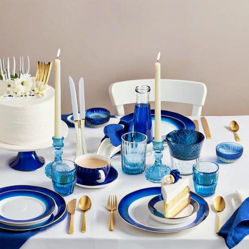 Set of 6 Color Blue Glass Candlestick Holder,Striped Taper Candle Holders,Set of 6 Candle Stand for Table Centerpieces, Home Decor,Weddings,Festival and Parties (Blue Stripe Pattern)