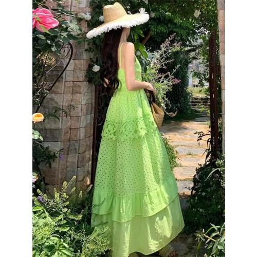 Size L/XL..SUNFERE.  .. Women's Vintage Hollowed Out Backless Holiday Slip Long Dress V-Neck Ruffle Lace Cake Party Dress