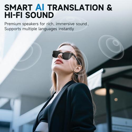 AI Translator Smart Glasses with Bluetooth Audio, Photochromic Lenses, Voice Assistant, Open-Ear Sunglasses for Men and Women, Real-Time Translation, 110  Languages Supported (Black)