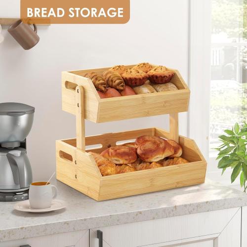 2-Tier Bamboo Fruit Basket, Fruit Basket for Kitchen Fruit Holder, Fruteros Para Cocina, Fruit Bowl for Onion Potato Bread Snack and Kitchen Countertop Organizer