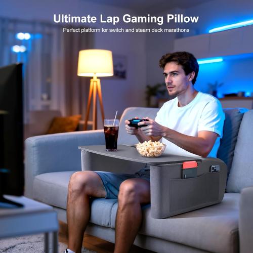 Reading Pillow for Gaming with Ergonomic Arm Rests, Wooden Lap Desk for Laptop, Support Pillow with Side Pockets for Reading, Writing, Working, Gaming on Bed, Couch or Floor (Gray, Large)