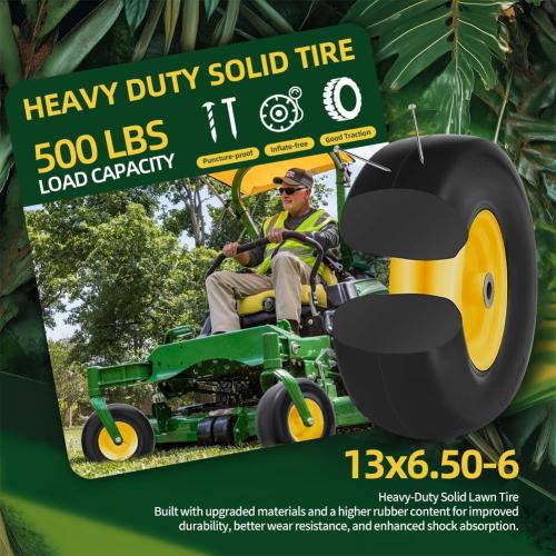 13x6.50-6 Lawn Mower Tires Flat Free with Rim Assemblies (2 Pack),Universal 13x6.5-6 Solid Smooth Rubber Zero-Turn Lawn mowers Tire,5.5-7.72”Centered Hub and 3/4 extra 5/8 1/2” Bushings