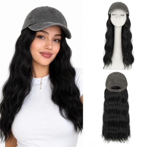 SEGO Hat Wigs, Hat with Hair Attached for Women Soft Denim Cap Wigs Long Wavy Curly Adjustable Baseball Cap With Hair Extensions -Gray 18-#01 Jet Black