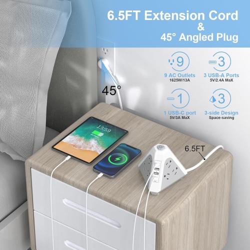 Tower Surge Protector Power Strip, NVEESHOX 9 AC Outlets with 4 USB Ports (1 USB C) 3-Side Triangle Outlets with USB Ports,6.5 Ft,Flat Plug, Charging Station with Surge Protection