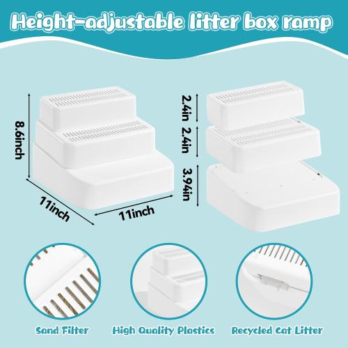 BALAPET Adjustable 3 Steps Litter Box Ramp with Filter Function, Detachable Litter Trapper, Easy Clean Cat Litter Stair for Small & Elderly Cats(White)