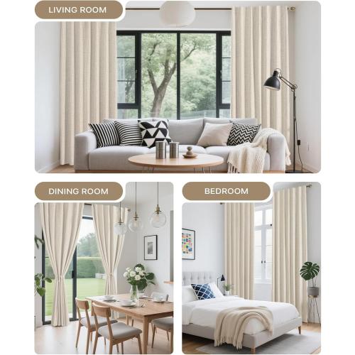 Blackout Curtains 96 Inch 2 Panels - 100% Light Blocking Thermal Insulated Noise Reducing, Linen Blend Hooked Pleat, Boho Farmhouse Style Drapes for Bedroom Living Room Cream