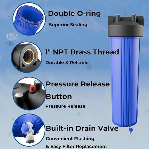 20 x 4.5 Whole House Water Filter Housing with Bottom Drain Port - 1 NPT Brass Ports, BPA-Free Blue Sump, Double O-Ring Leak-Proof - Fits All Standard 20x4.5 Filters