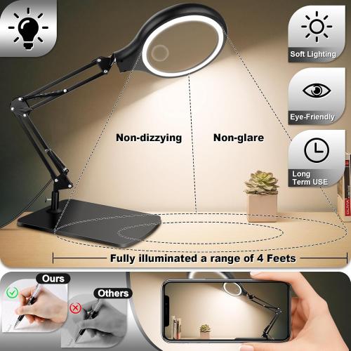 NZQXJXZ 10X 30X Large Magnifying Glass with Light and Stand, 5-inch LED Lighted Magnifier, 3 Color Modes Stepless Dimmable, Hands-Free Magnifying Glass Desk Lamp for Reading Craft Hobby Close Work