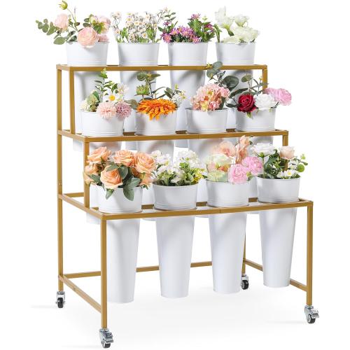 Flower Cart Display Stand, 3 Layers Metal Flower Bar Stand with 360° Swivel Wheels and Brake, Flower Display stand with Iron Buckets, Durable than Plastic Buckets, Flower Holder for Florist or Wedding