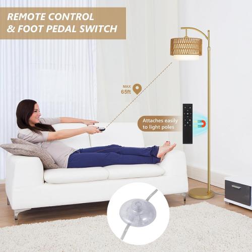 Gold Floor Lamps for Living Room with Remote & Dimmable LED Bulb, Modern Arc Floor Lamp with 3 Color Temperatures, Boho Standing Lamp with Rattan & Fabric Shades, Adjustable Tall Lamp for Bedroom