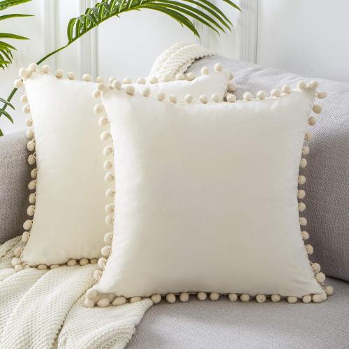 Topfinel Decorative Throw Pillow Covers 18x18 Set of 2, Cream White Couch Square Pillow Covers for Sofa Bed, Soft Velvet Cushion Covers with Pom Poms for Livingroom Bedroom Modern Home Decor