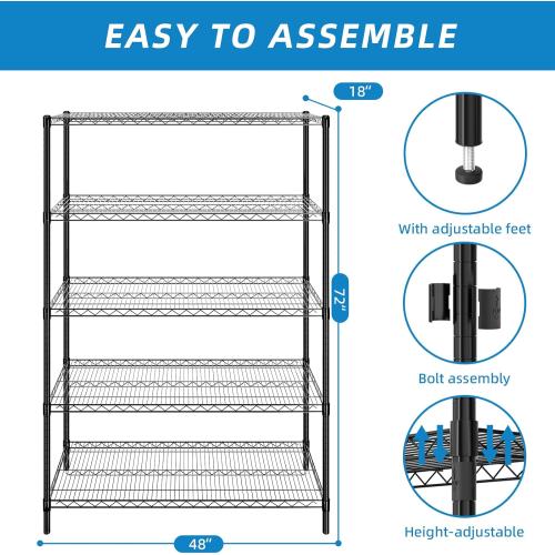 Guan River 5-Shelf Adjustable Metal Shelf Wire Shelving Unit Heavy Duty Storage Rack Display Shelf for Office,Kitchen,Bedroom,Bathroom,Laundry,Pantry Basement,Garage(Black,48 L x 18 W x 72 H)