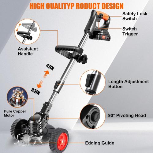 Electric Weed Wacker Cordless with Wheels,21V Battery Powered Weed Wacker 3-in-1 Grass Trimmer/Brush Cutter/Edger, 2pcs Batteries&4 Types Blades, Lightweight, Low Noise for Thick Weeds&Yard Garden