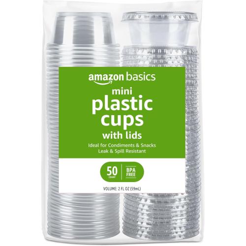 Amazon Basics Disposable Plastic To-Go Cups and Lids, Mini, 2oz, 50 Count, BPA Free, for Condiment, Salad Dressing, Sauces, Jello Shots