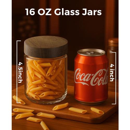 16oz 4 Pack Overnight Oats Containers with Lids, Glass Mason Jars with Acacia Wood Airtight Lids, Wide Mouth Meal Prep Storage Jars for Yogurt, Chia Pudding, Salad, Parfait, Snacks, Spice