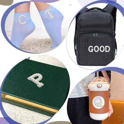 52 Pcs Iron on Letters Pearl Letter Patches with Pearl Rhinestone Self Adhesive A-Z Stick on Pearl Letter Patches for Clothes, Fabric, Backpack