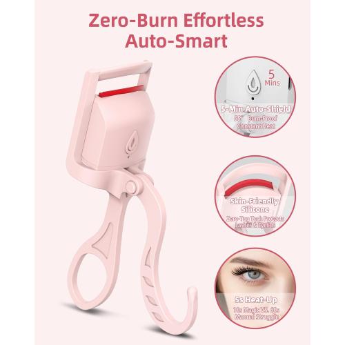 Heated Eyelash Curler, 5s Fast Heating Electric Eyelash Curler, Safe Anti-Burn Eyelash Curlers with Silicone Pad, Type-C Quick Charge, Intelligent Temp Control, 24H Long-Lasting Curls (Pink)