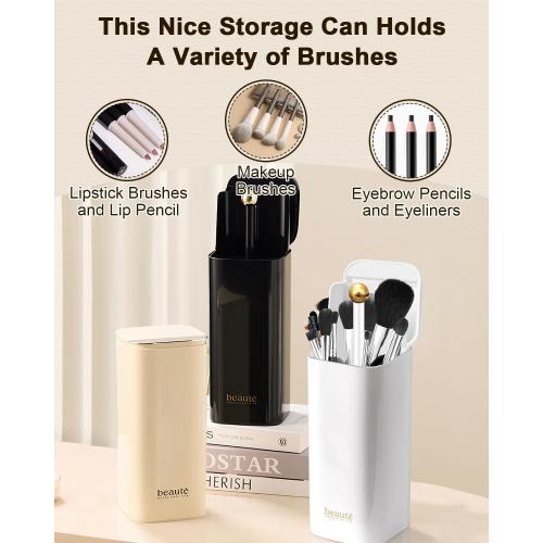 Upgrade Makeup Brush Holder Organizer with Lid, Automatic Lifting Dustproof Makeup Brushes Organizer with 4 Compartments for Vanity，Cosmetic Storage for Dresser Countertop and Bathroom (White Gold)