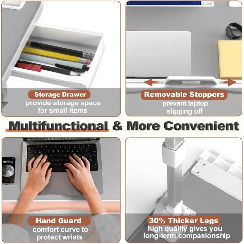 Laptop Stand for Bed, Potuopy Leather Adjustable Bed Desk Table Tray, X-Large Folding Lap Desk with Drawer for Eating Writing Drawing Working on Couch Floor, Grey