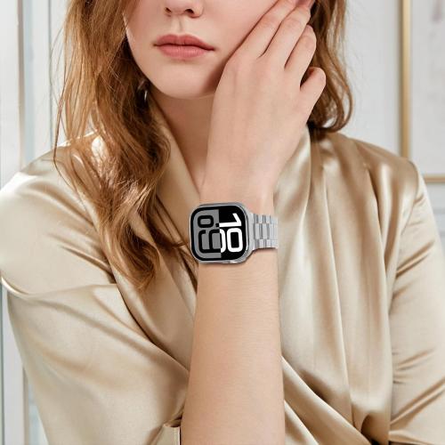 iiteeology Compatible with Apple Watch Band 46mm Series 11 Series 10, Upgraded Stainless Steel Band with iWatch Screen Protector Case for Men Women Silver/Silver