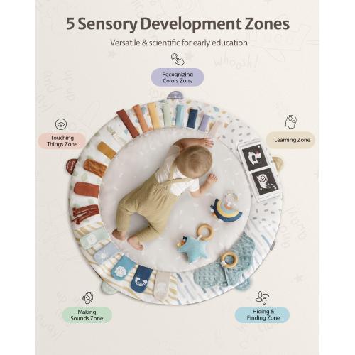 Blissful Diary Baby Play Gym & Activity Mat, 5 Developmental Zones Wooden Tummy Time Mat with 5 Detachable Sensory Toys for Motor Skills & Sensory Development, Baby Essentials Shower Gift
