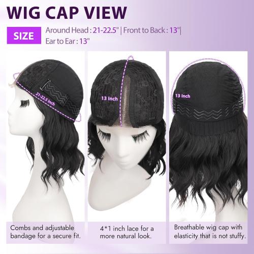 Black Mix Brown Short Wavy Wig for Women Lace Hairline Bob Style Synthetic Heat Resistant - Natural Appearance for Everyday Hairstyle 14 Inch