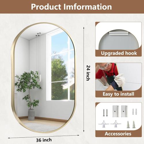 Gold Oval Mirror,  Oval Bathroom Mirror, Vanity Mirror with Brushed Metal Frame, Wall Mount Mirrors Decor for Bathroom, Bedroom, Entryway, Living Room(Hangs Horizontally or Vertically)