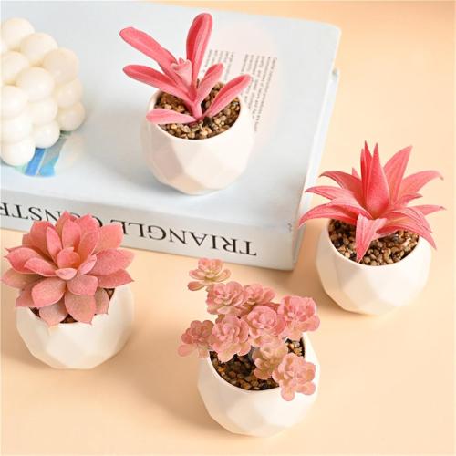 Succulent Pink Bonsai Micro Landscape Potted Plant Decoration 4-Piece Set (with Diamond Pot)