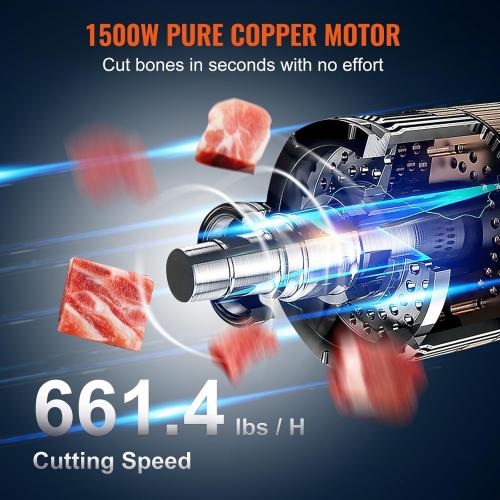 Commercial Electric Meat Bandsaw, 1500W Stainless Steel Countertop Bone Sawing Machine, Workbeach 19.3 x 15, 0.16-7.9 Inch Cutting Thickness, Frozen Meat Cutter with 6 Blades for Rib Pork Beef