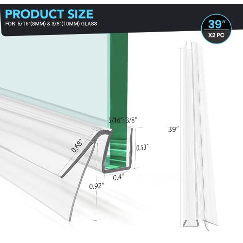 Bathroom Shower Glass Door Bottom Seal Strips, Length 39 Inch 2PCS Transparent PVC Door Bottom Seall Strips for 5/16 (8mm) -3/8(10mm) Thick Framless Glass Panel