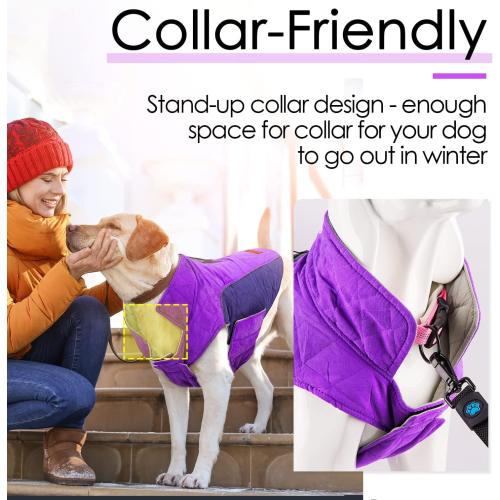 Size Large Purple and Grey ThinkPet Dog Cold Weather Coats - Cozy Waterproof Windproof Reversible Winter Dog Jacket, Thick Padded Warm Coat Reflective Vest Clothes for Puppy Small Medium Large Dogs