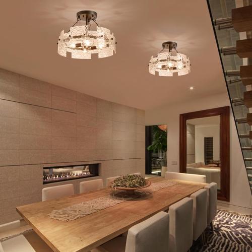 XINGQI Black Ceiling 4-Light Modern Farmhouse Water Ripple Glass Ceiling Lighting Fixture 15.7 Drum Ceiling Lights for Bedroom Dining Room Living Room Hallway Entryway