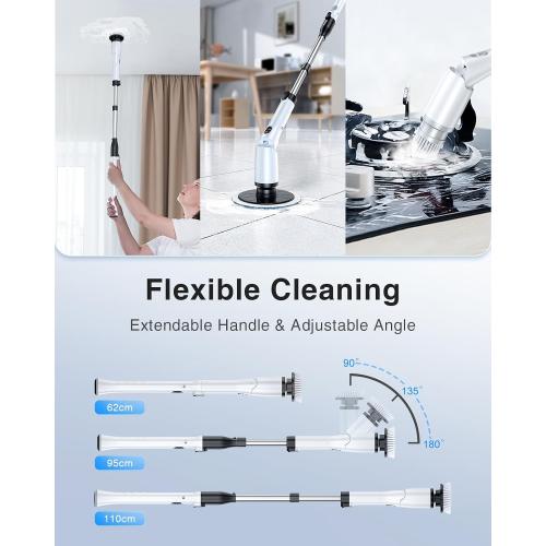 LABIGO Electric Spin Scrubber LA3 Pro, Cordless Bathroom Scrubber with 5 Replacement Head, 3 Adjustable Angle, Household Power Cleaning Brush with Extension Arm for Bathtub Window Car Grout, Black