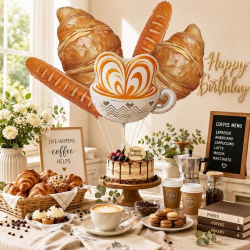 Croissant Coffee Balloons | Brunch Decorations, Paris Party Decorations | Croissant Baguette Latte Cup Foil Balloons for Coffee Bar Decor , French Party Decor, Cafe Party Decorations