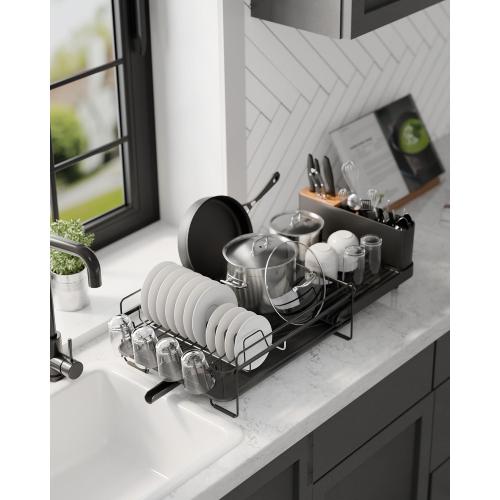 Kitsure Large Dish Drying Rack - Extendable Dish Rack, Multifunctional Dish Rack for Kitchen Counter, Anti-Rust Dish Drainers with Cutlery & Cup Holders 19.2-26.7 L x 12.9 W, Black