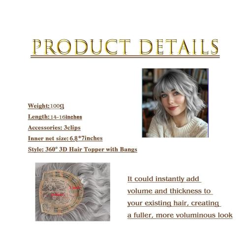 CINHOO Short Curly Wavy Grey Hair Toppers for Women with Thinning Hair,Short Wigs with Bangs Synthetic 360° 3D Hairpiece Clip in Bob Halloween Wig Gifts for Women(Ombre gray)