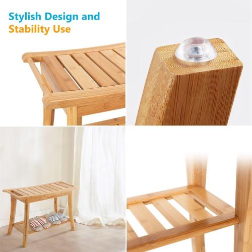 OasisSpace Bamboo Shower Bench, 24 Waterproof Shower Chair with Storage Shelf, Wood Spa Bath Organizer Seat Stool, Perfect for Indoor or Outdoor