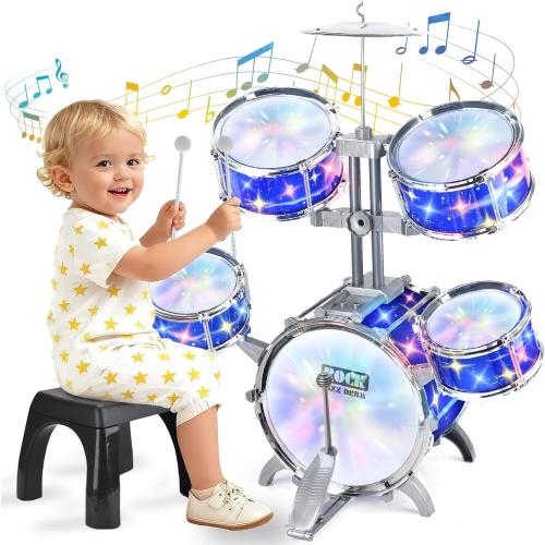 Upgraded Kids Drum Set for Toddlers w/ Light (All Plastic), Musical Gifts Toys for Boys Girls, Kids Jazz Drum Kit for Beginner Music Practice, Christmas Birthday Gift
