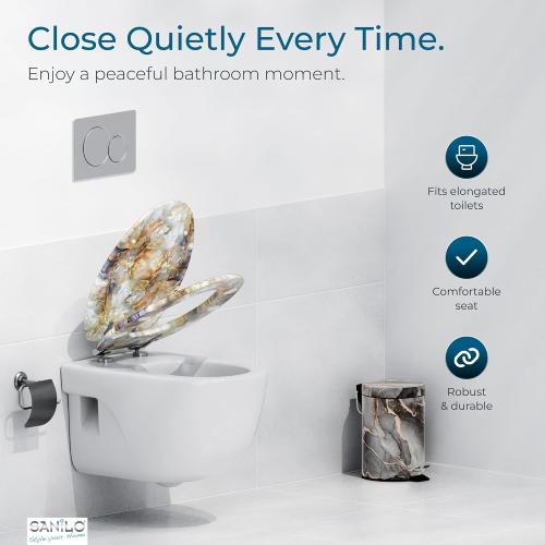SANILO Wooden Toilet Seat with Soft Close [ELONGATED] - Decorative, Quiet & Slow Close Molded Wood Seat - With Strong Bumpers & Hinges - Adjustable Fit - Marble Brown