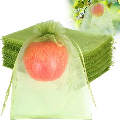 Set of 100pcs Size 6x9 Color Green Fruit Protection Bags 6x9 inch, Green Netting Cover Bags Drawstring Mesh Fruit Protectors Pest Barrier for Tomato Mango Trees Veggies Garden
