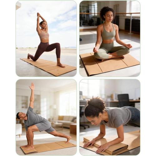 Rocalt Foldable Cork Yoga Mat, Non Slip Travel Pilates Workout Mat | 69 x 24 x 0.25 in, accordion-fold design, POE backing, carry strap for yoga, stretching and travel