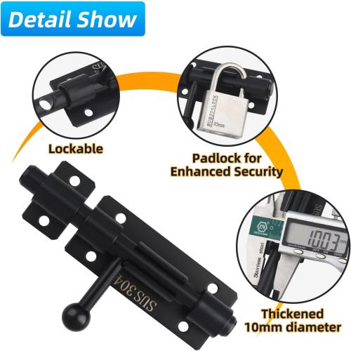 Barrel Bolt Latch, 4.2 Inch Slide Lock, SUS304 Stainless Steel Slide Bolt Latch with Padlock Hole, Heavy Duty Slide Bolt Gate Latch Lock for Wooden Fence, Yard Door, Barn Door, Shed Door (Black)