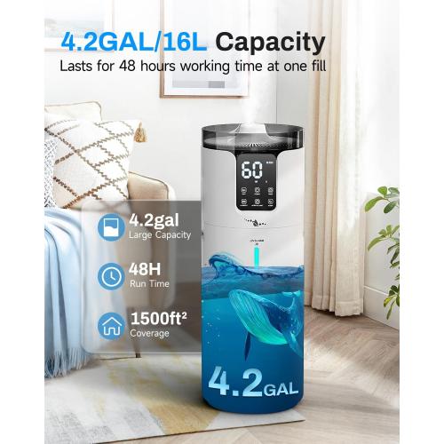 Humidifier Large Room, 4.2 Gal/16L Large Humidifier for 1500 sq.ft, 360° Nozzles Cool Mist Ultrasonic, Top Fill Tower Humidifiers for Bedroom Office Plant wholehouse with Extension Tube, Night Light