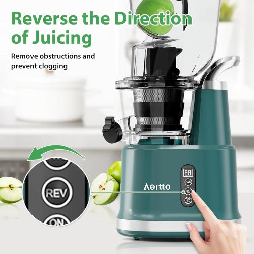 Cold Press Juicer,Aeitto Slow Masticating Juicer with Wide & Dual Feed Chute for Vegetables and Fruits, High Juice Yield, Self Feeding for Juice Extractor, BPA-Free, Dark Green
