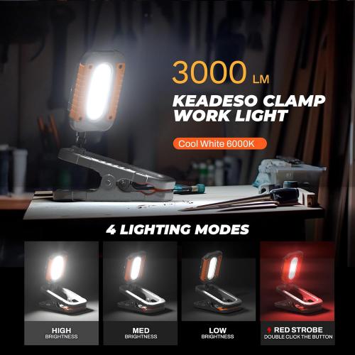 Rechargeable LED Work Light with Clamp, 3000LM Magnetic Clip-on Work Light with 4 Light Modes, 360°Rotation Flood Worklight with Portable Charger, Clamp Work Lights for Workshop, Jobsite