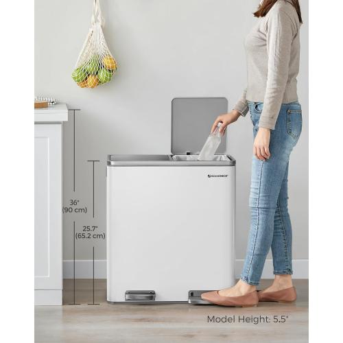 Size 2 x 8 Gallon SONGMICS Trash Can, Size 2 x 8 Gallon (2 x 30 L) Garbage Can for Kitchen, with 15 Trash Bags, 2 Compartments, Plastic Inner Buckets and Hinged Lids, Airtight, White and Gray ULTB60WT
