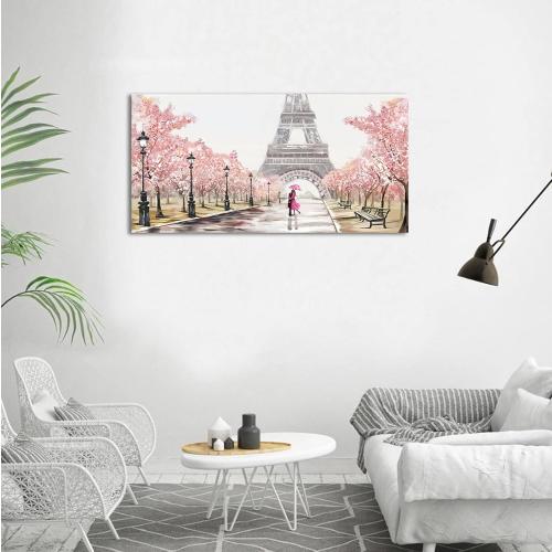 Eiffel Tower Canvas Wall Art - Romantic Paris Street Scene with Cherry Blossoms & Couple, Pink 20x40 Inch, Ready to Hang Framed Print for Living Room Bedroom Decor (Gallery Wrapped)
