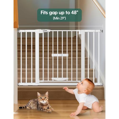 BABELIO 29-48 Extra Wide Baby Gate with Cat Door,Auto Close Metal Pet Door for Stairs, Doorways, House, Pressure/Hardware Mounted, Easy Walk Thru, White