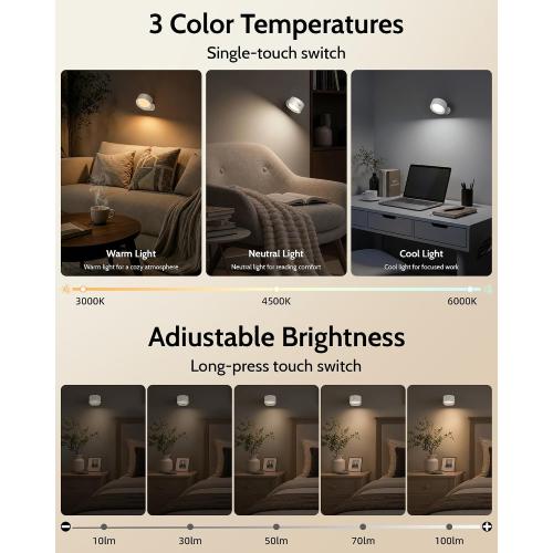 LED Wall Mounted Lights, Rechargeable Wall Sconces, 3 Color Temps, Remote & Touch, 360° Rotating and Dimmable for Bedroom, Bedside & Reading (White, 2 Pack)